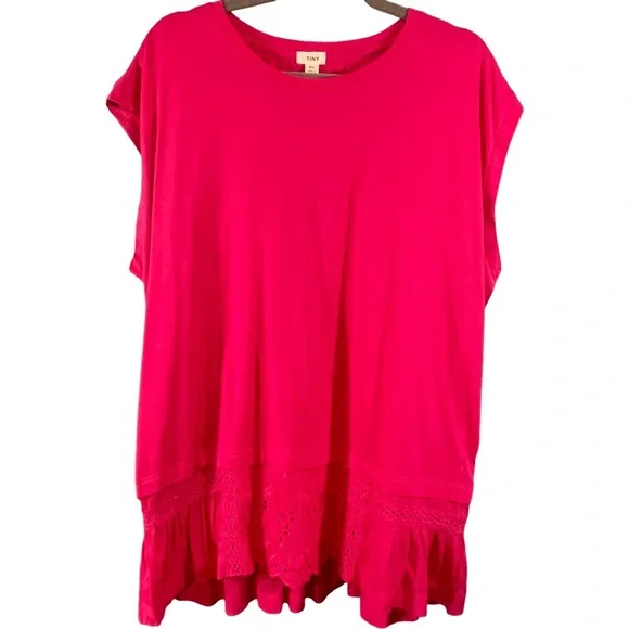 Anthropologie Tiny Ruffled Tank Top Tunic Tee Eyelet Lace Trim Pink Rose Size XL - Picture 2 of 8